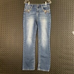 Earl Slim Boot Blue Washed Floral Embroidered Denim Jeans High Rise Women's 6
